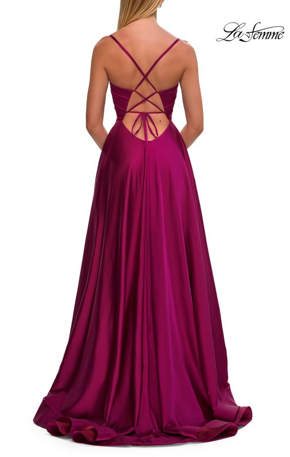 Pink Picture of: A-Line Satin Gown with Draped Bodice, Slit, and Lace-Up Back in Raspberry, Style: 33373, Detail Picture 12