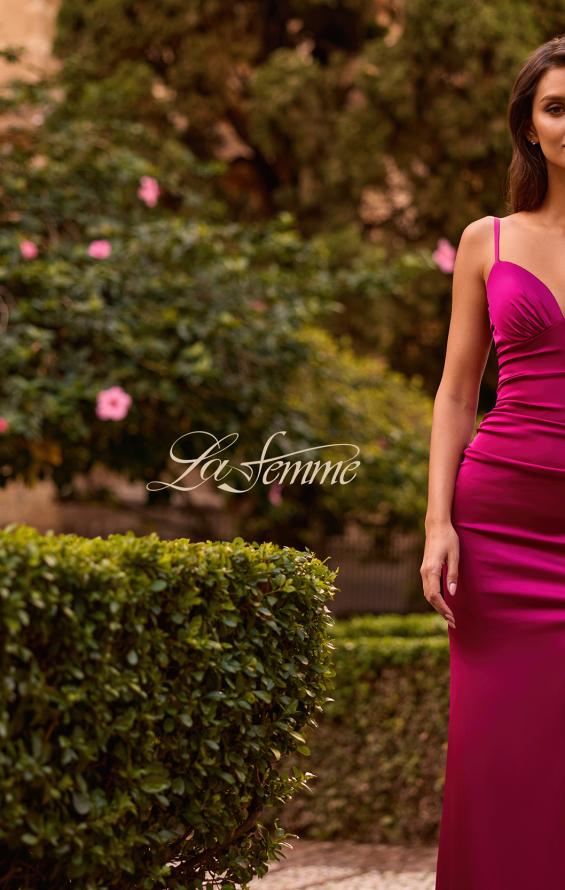 Pink Picture of: Fitted Satin Gown with Plunging Neckline and Strappy Back in Raspberry, Style: 33423, Detail Picture 12, Landscape