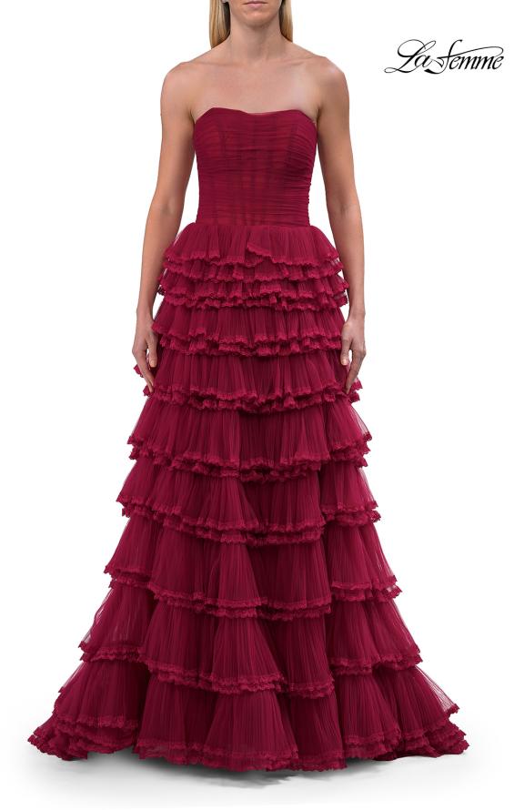 Picture of: Strapless Tiered Ruffle Tulle Gown with Slit in Raspberry, Style: 33727, Detail Picture 12