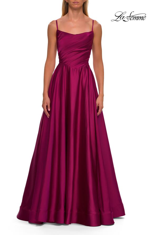 Pink Picture of: A-Line Satin Gown with Draped Bodice, Slit, and Lace-Up Back in Raspberry, Style: 33373, Detail Picture 13