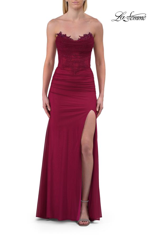 Pink Picture of: Strapless Corset Gown with High Slit and Ruched Jersey Skirt in Raspberry, Style: 33465, Detail Picture 24