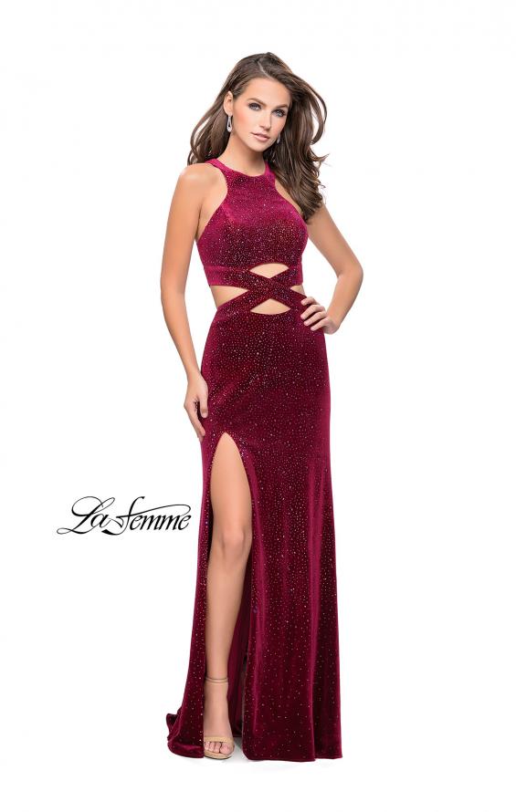 Picture of: Long Velvet Prom Dress with Beading and Open Back in Raspberry, Style: 25407, Detail Picture 1
