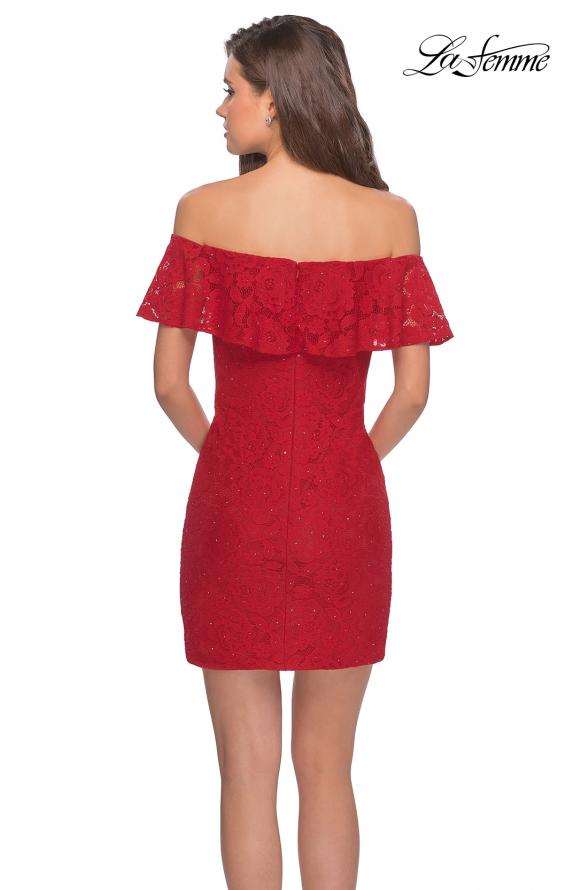 Picture of: Off The Shoulder Form Fitting Lace Party Dress in Red, Style: 28147, Back Picture