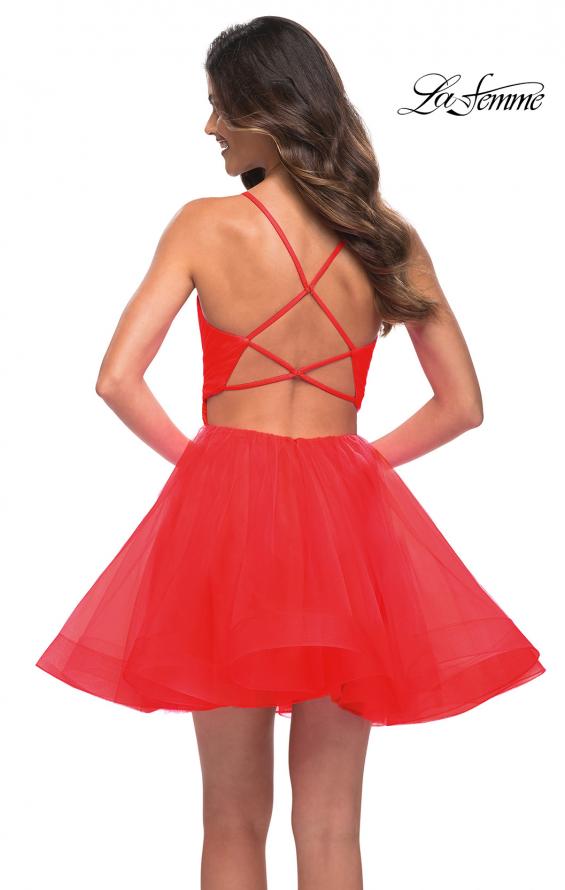 Picture of: Short Fit and Flare Tulle Dress with Open Back in Red, Back Picture