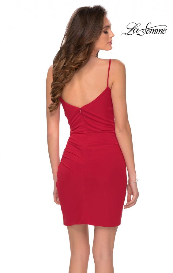 Picture of: Short Jersey Homecoming Dress with Faux Wrap Skirt in Red, Style: 29403, Back Picture