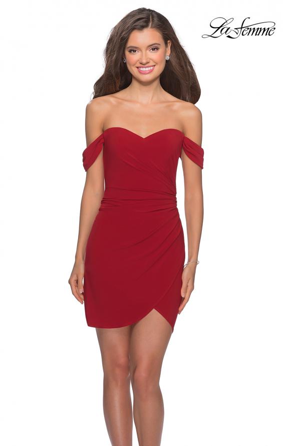 Picture of: Short Dress with Scalloped Off The Shoulder Sleeves in Red, Style: 28193, Detail Picture 1