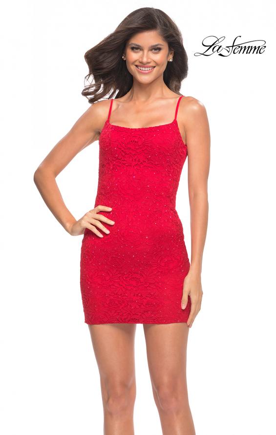 Picture of: Short Fitted Stretch Lace Dress with Square Neckline in Red, Detail Picture 2