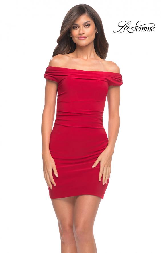 Picture of: Ruched Off the Shoulder Jersey Short Dress in Red, Detail Picture 3