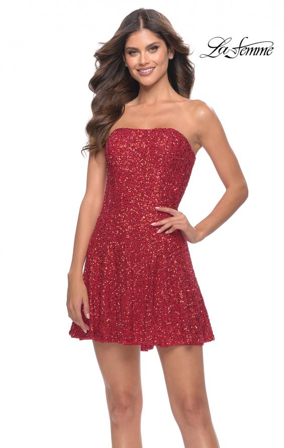 Picture of: Soft Sequin Flared Dress with Strapless Top in Red, Style: 30957, Detail Picture 3
