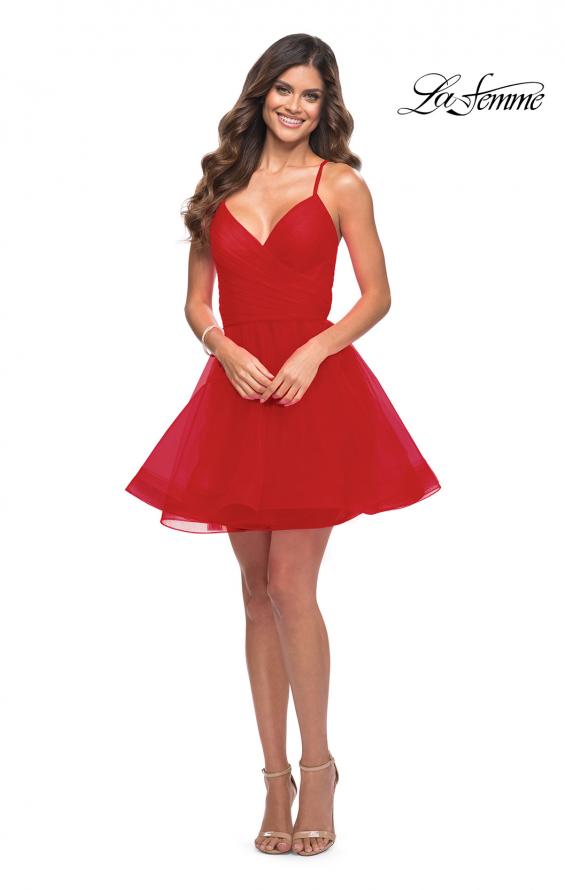 Picture of: Short Fit and Flare Tulle Dress with Open Back in Red, Detail Picture 4