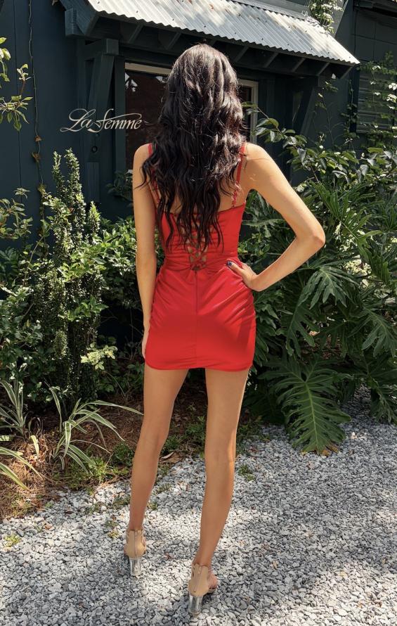 Red Picture of: Satin Lace-Up Mini Dress in Red, Style 33260, Detail Picture 4