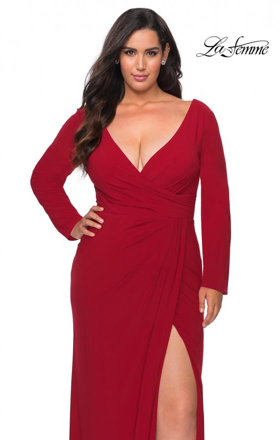 Picture of: Long Sleeve Curvy Prom Dress with Ruching in Red, Style: 29044, Main Picture