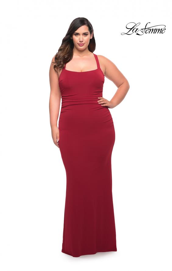 Picture of: Ruched Long Jersey Plus Dress with Square Neckline in Red, Style: 29590, Main Picture