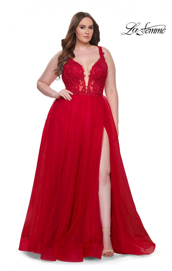 Picture of: Deep V Plus Size Tulle Dress with Lace Illusion Bodice in Red, Style: 31394, Main Picture