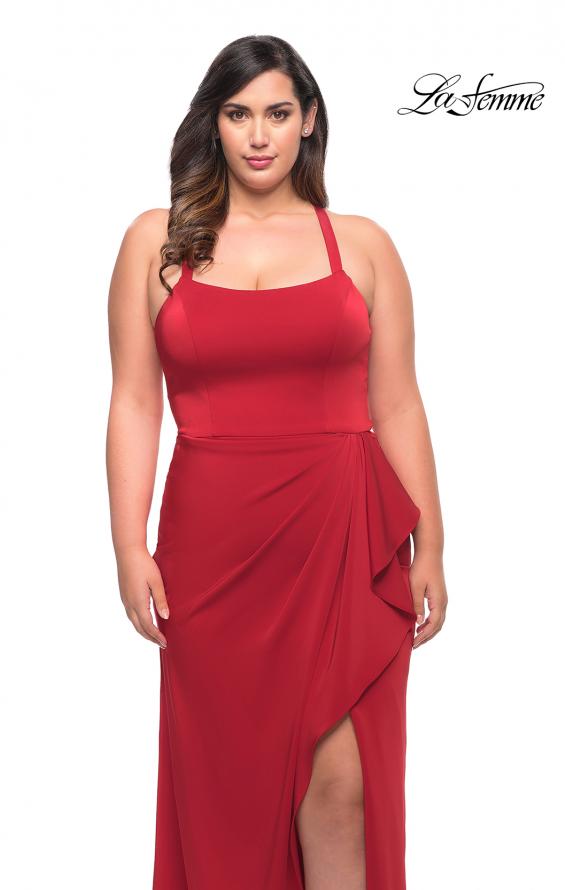 Picture of: Elegant Jersey Gown with Ruffle Slit Detail in Red, Style: 29634, Detail Picture 8