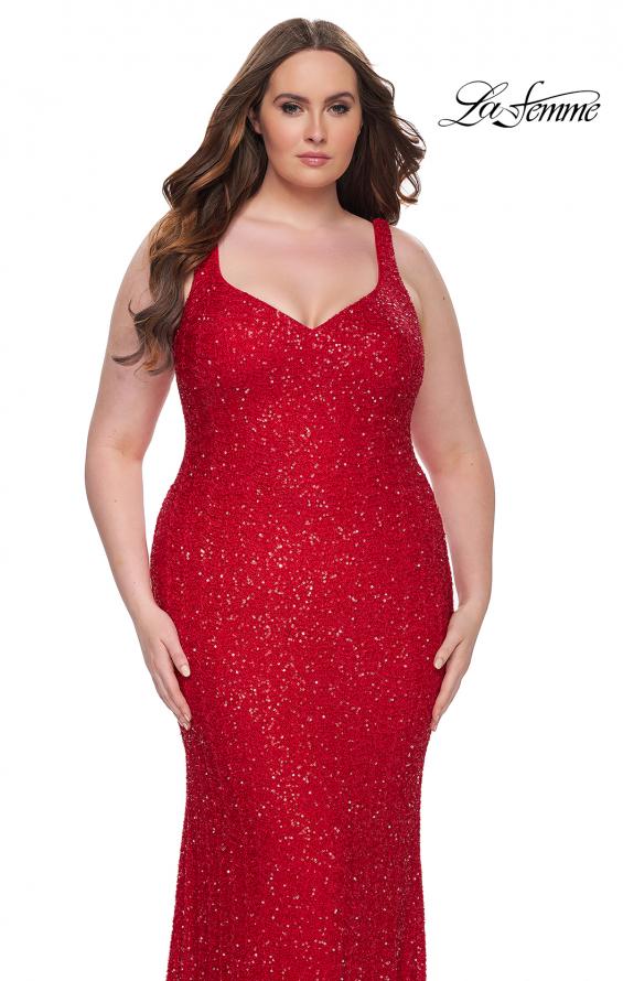 Picture of: Fitted Stretch Sequin Plus Size Dress with V Neck in Red, Style: 31163, Detail Picture 13