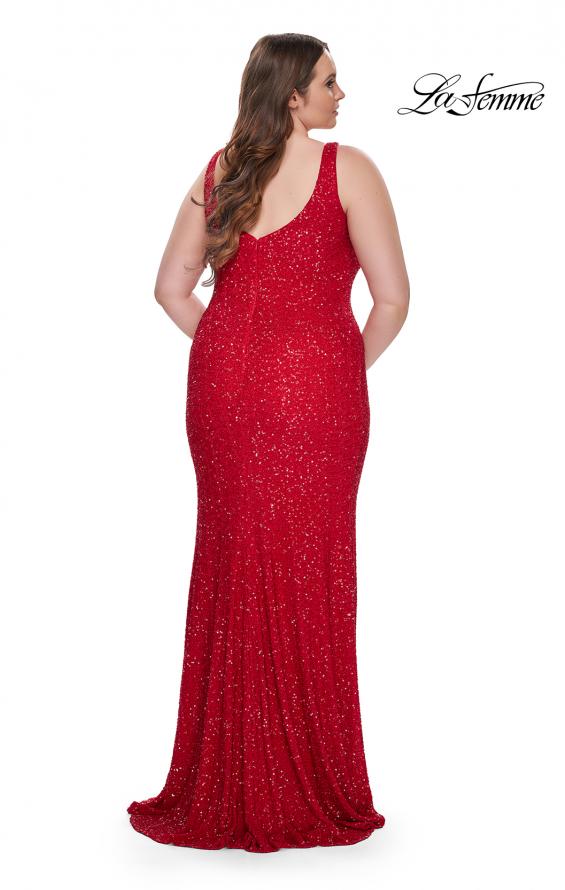 Picture of: Fitted Stretch Sequin Plus Size Dress with V Neck in Red, Style: 31163, Detail Picture 14