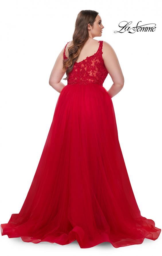 Picture of: Deep V Plus Size Tulle Dress with Lace Illusion Bodice in Red, Style: 31394, Back Picture