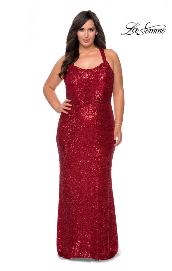 Picture of: Stretch Lace Plus Size Prom Dress with Criss Cross Back in Red, Style: 28842, Detail Picture 1