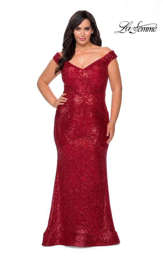 Picture of: Sequin Off The Shoulder Plus Size Prom Dress in Red, Style: 28949, Detail Picture 1