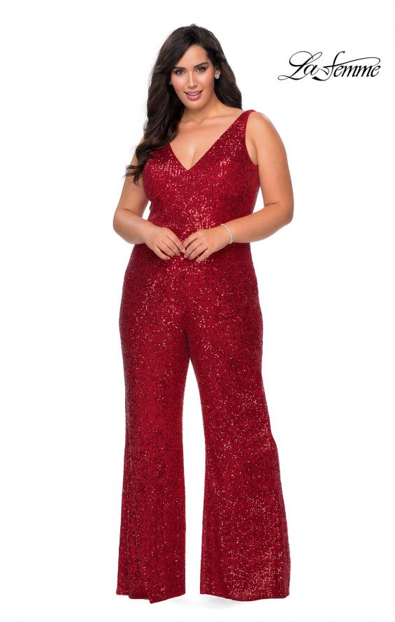 Picture of: Sequin Plus SIze Jumpsuit with Plunging Neckline in Red, Style: 29003, Detail Picture 1