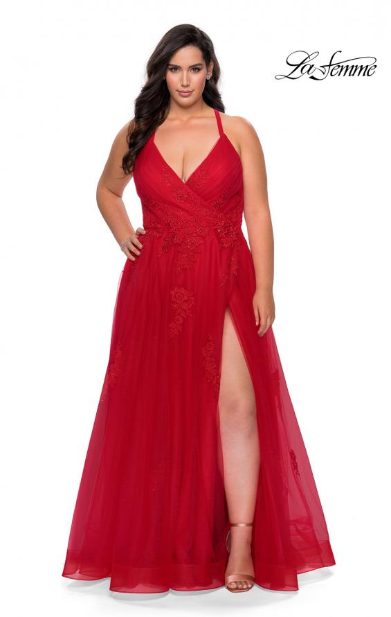 Picture of: Plus Size A-line Tulle Prom Dress with Floral Detailing in Red, Style: 29021, Detail Picture 1