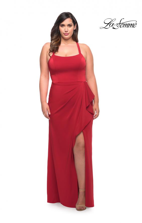 Picture of: Elegant Jersey Gown with Ruffle Slit Detail in Red, Style: 29634, Detail Picture 1