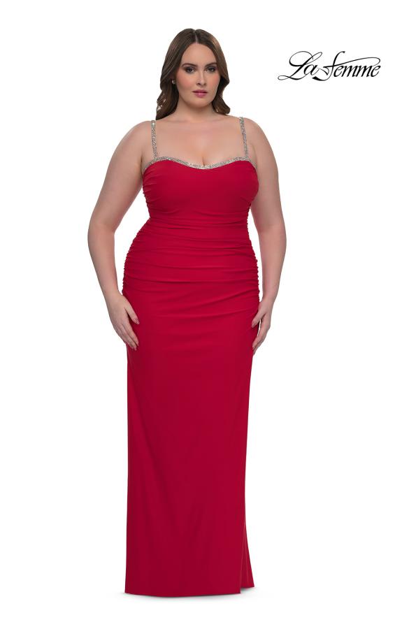 Picture of: Jersey Plus Size Dress with Rhinestone Neckline and Straps in Red , Style: 32992, Detail Picture 1