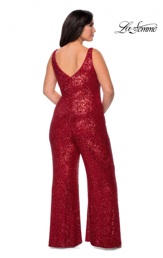 Picture of: Sequin Plus SIze Jumpsuit with Plunging Neckline in Red, Style: 29003, Detail Picture 2