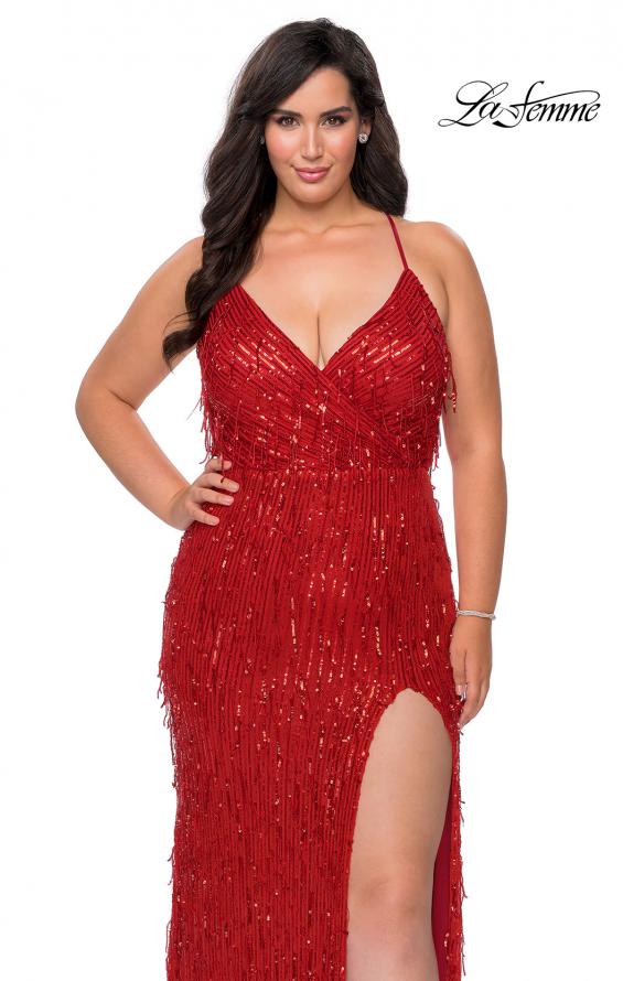 Picture of: Fringe Sequin Plus Size Prom Gown with Criss Cross Back in Red, Style: 29013, Detail Picture 2