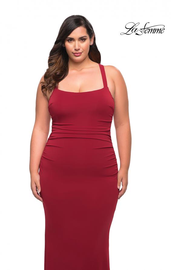 Picture of: Ruched Long Jersey Plus Dress with Square Neckline in Red, Style: 29590, Detail Picture 3
