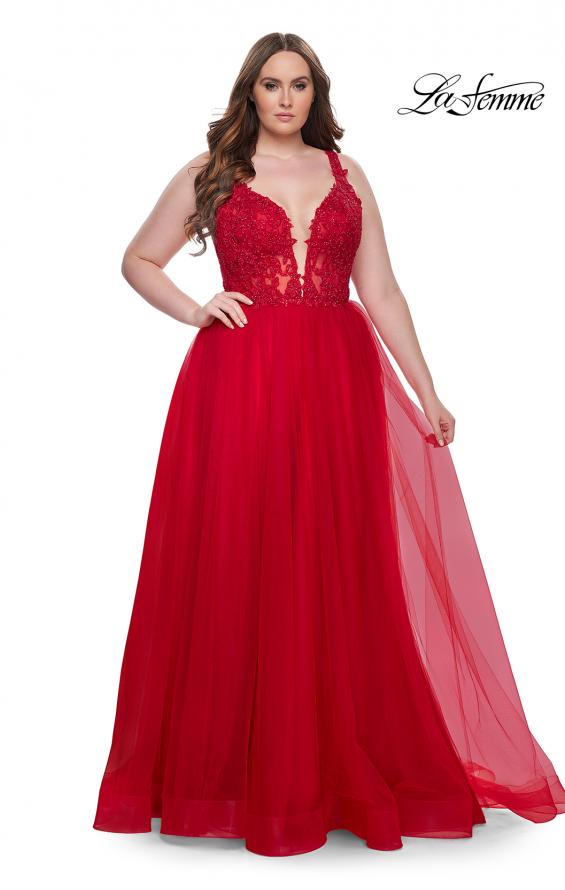 Picture of: Deep V Plus Size Tulle Dress with Lace Illusion Bodice in Red, Style: 31394, Detail Picture 3