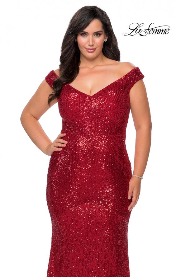 Picture of: Sequin Off The Shoulder Plus Size Prom Dress in Red, Style: 28949, Detail Picture 1
