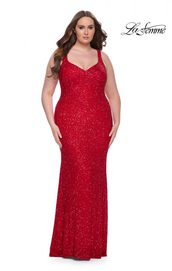 Picture of: Fitted Stretch Sequin Plus Size Dress with V Neck in Red, Style: 31163, Detail Picture 4
