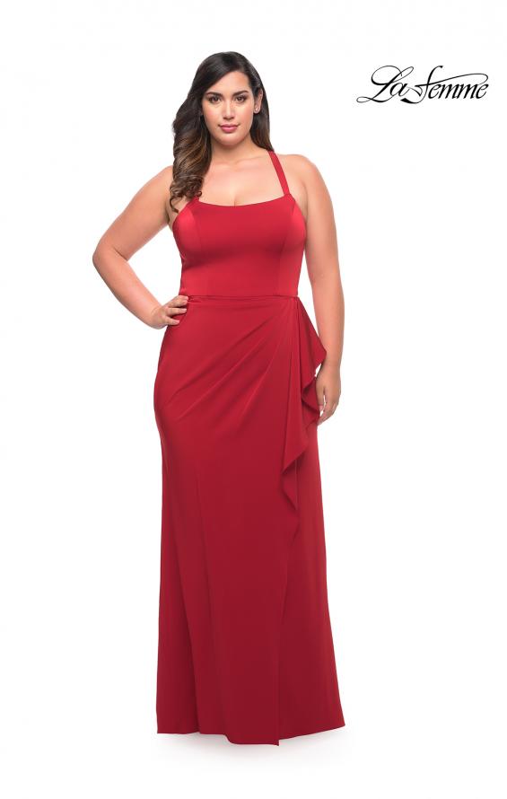 Picture of: Elegant Jersey Gown with Ruffle Slit Detail in Red, Style: 29634, Detail Picture 5