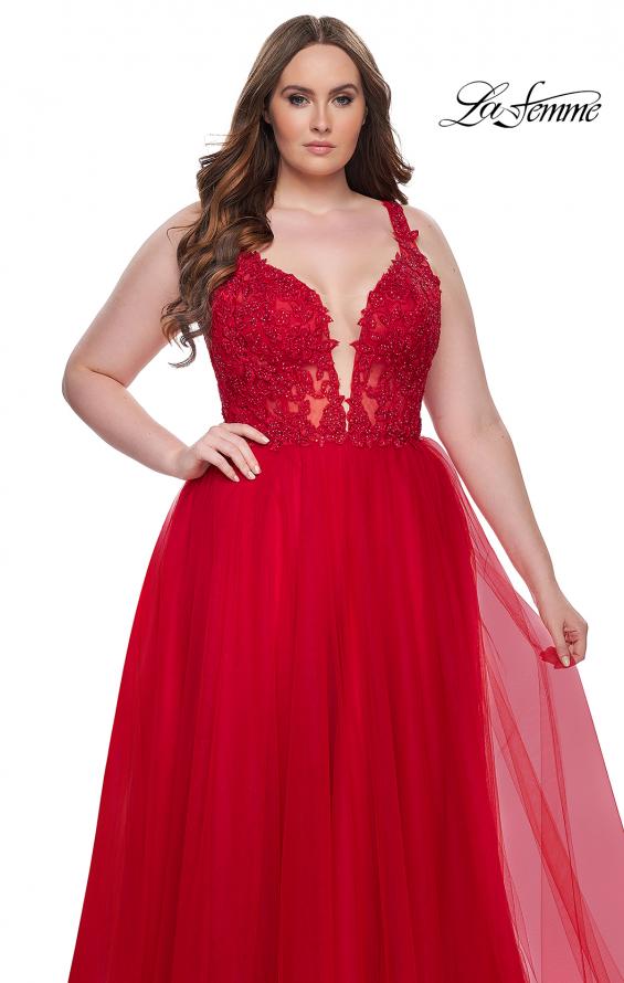 Picture of: Deep V Plus Size Tulle Dress with Lace Illusion Bodice in Red, Style: 31394, Detail Picture 5