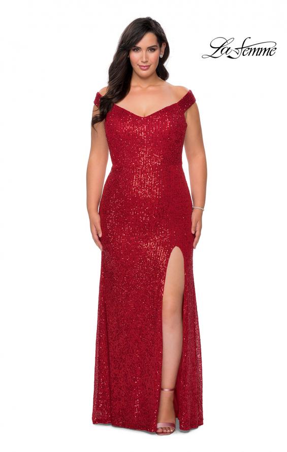 Picture of: Sequin Plus Size Dress with Off the Shoulder Detail in Red, Style: 29023, Detail Picture 6