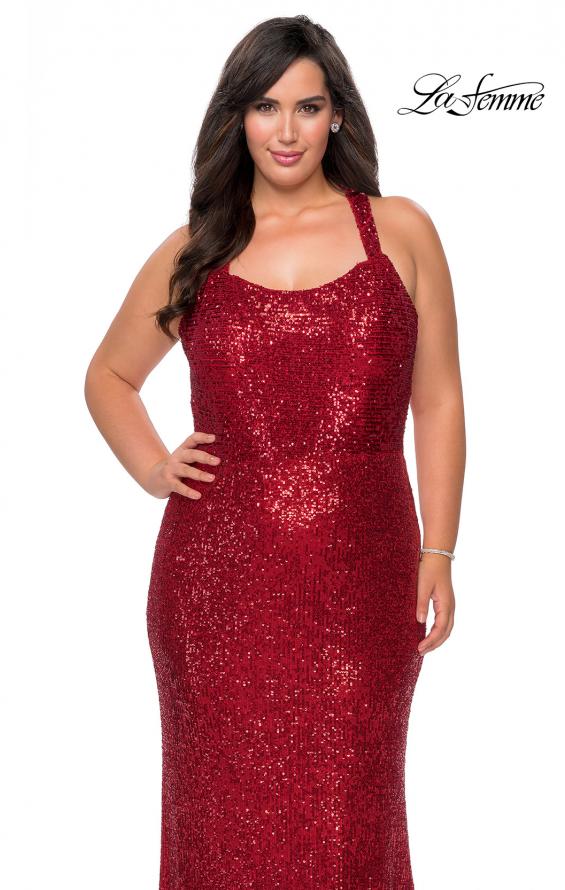 Picture of: Stretch Lace Plus Size Prom Dress with Criss Cross Back in Red, Style: 28842, Detail Picture 7