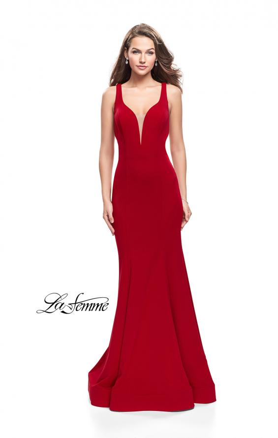Picture of: Long Jersey Mermaid Dress with Deep V and Strappy Back in Red, Style: 25594, Main Picture