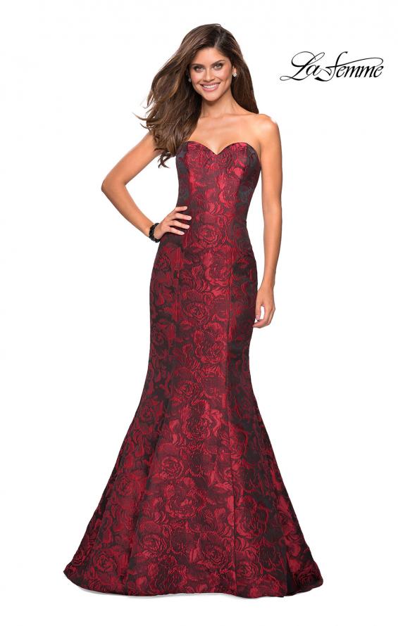 Picture of: Long Floral Jacquard Strapless Prom Dress in Red, Style: 27149, Main Picture