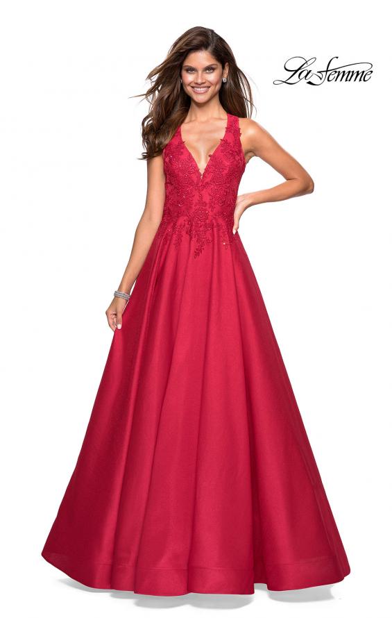 Picture of: Floor Length Mikado Gown with Lace and Rhinestones in Red, Style: 27529, Main Picture