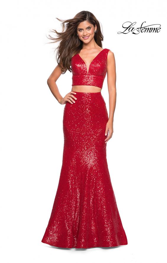 Picture of: Fully sequin Two Piece Floor Length Prom Gown in Red, Style: 27590, Main Picture