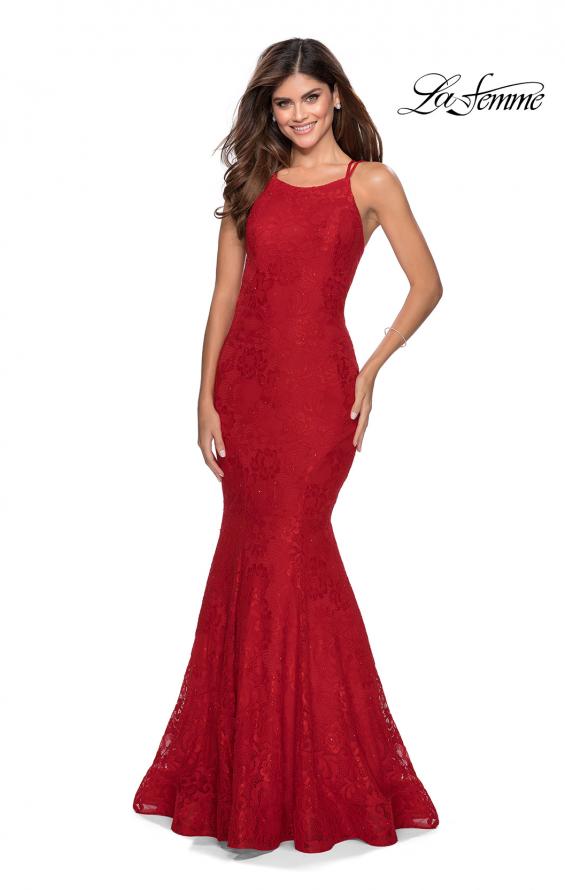 Picture of: Lace Prom Dress with Rhinestones and Strappy Back in Red, Style: 28140, Main Picture