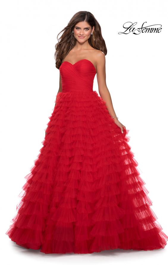 Picture of: Cascading Tulle Strapless Gown with Ruching in Red, Style: 28345, Main Picture