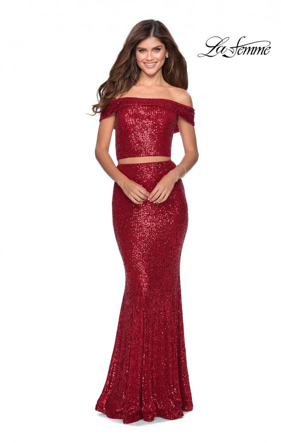 Picture of: Jewel Tone Off the Shoulder Two Piece Prom Dress in Red, Style: 28425, Main Picture