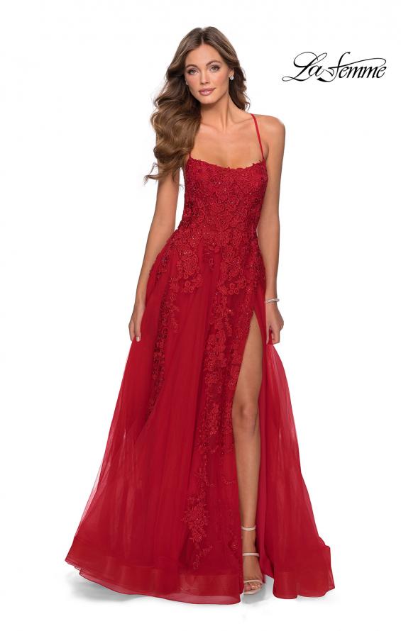 Picture of: A-line Prom Dress with Cascading Lace Detail in Red, Style: 28503, Main Picture