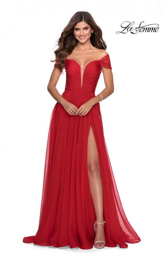 Picture of: Off the Shoulder Chiffon Gown with Plunging Neckline in Red, Style: 28546, Main Picture