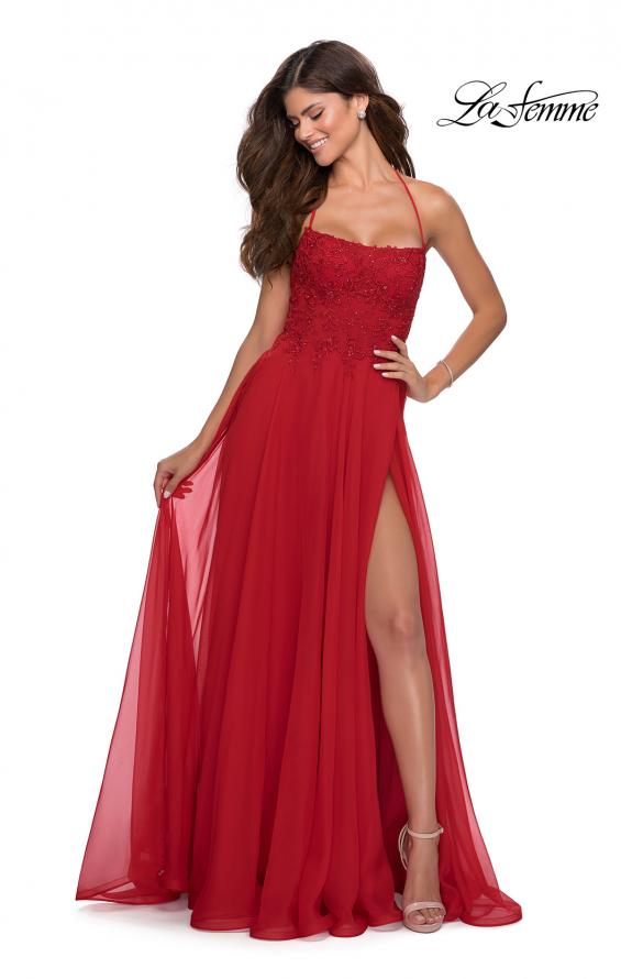 Picture of: A-line Dress with Straight Neckline and Floral Detail in Red, Style: 28600, Main Picture