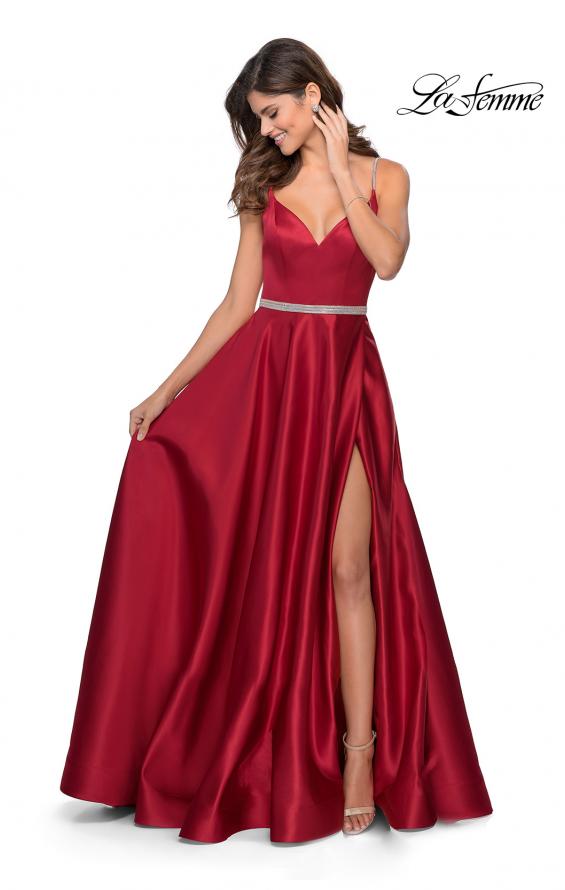 Picture of: Satin A-line Gown with Rhinestone Belt and Straps in Red, Style: 28695, Main Picture
