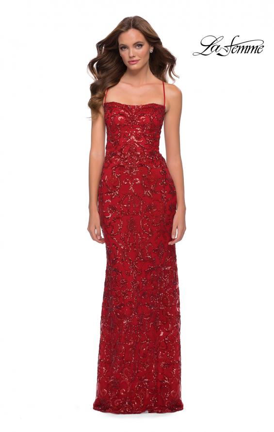 Picture of: Print Sequin Long Dress with Lace Up Back in Red, Style 29638, Main Picture